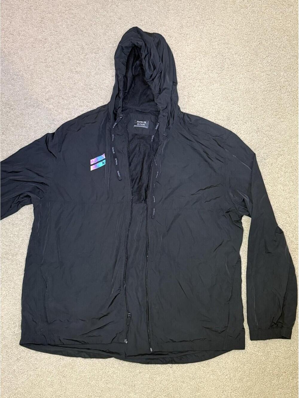 Hurley Mens Black Exist Hooded Full Zip Windbreaker Lightweight Jacket Size XL